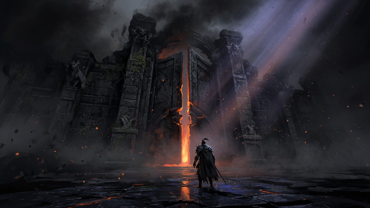 A lone knight before an ember-lit gate