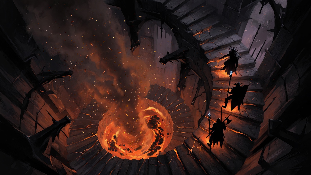 Four heroes descending a stair into an ember chasm