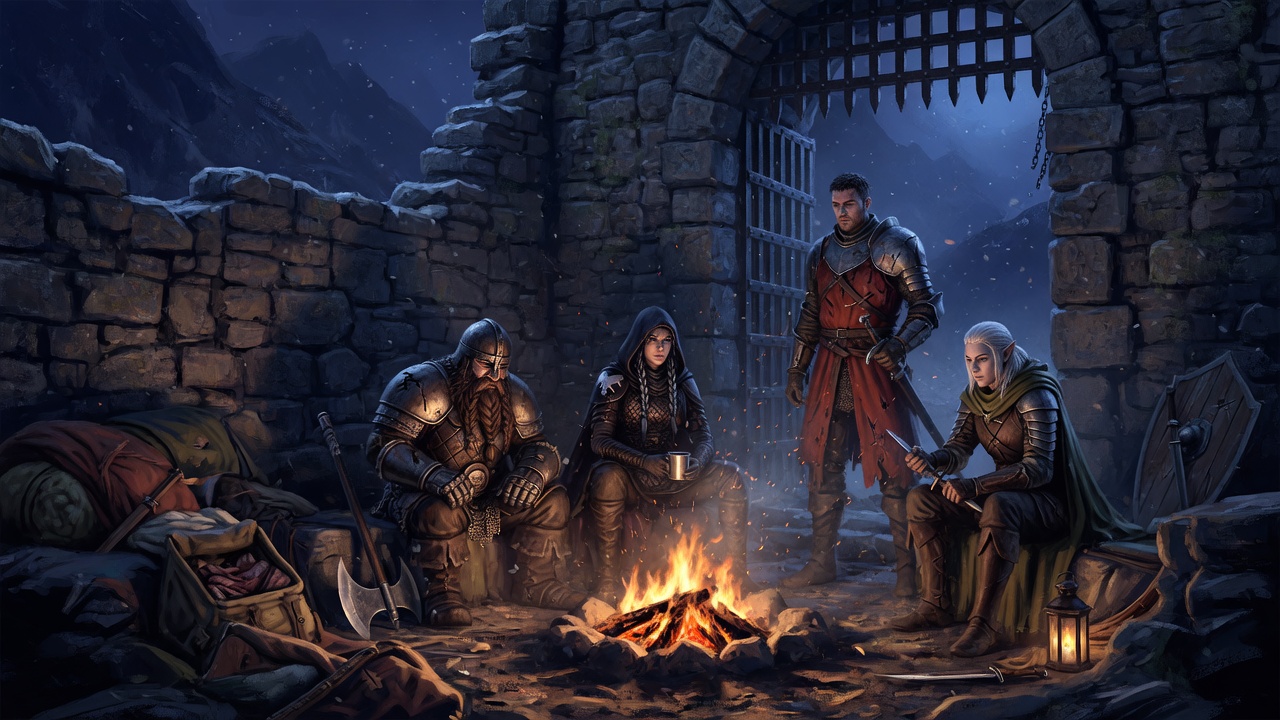 Four heroes gathered around a fire in the refuge